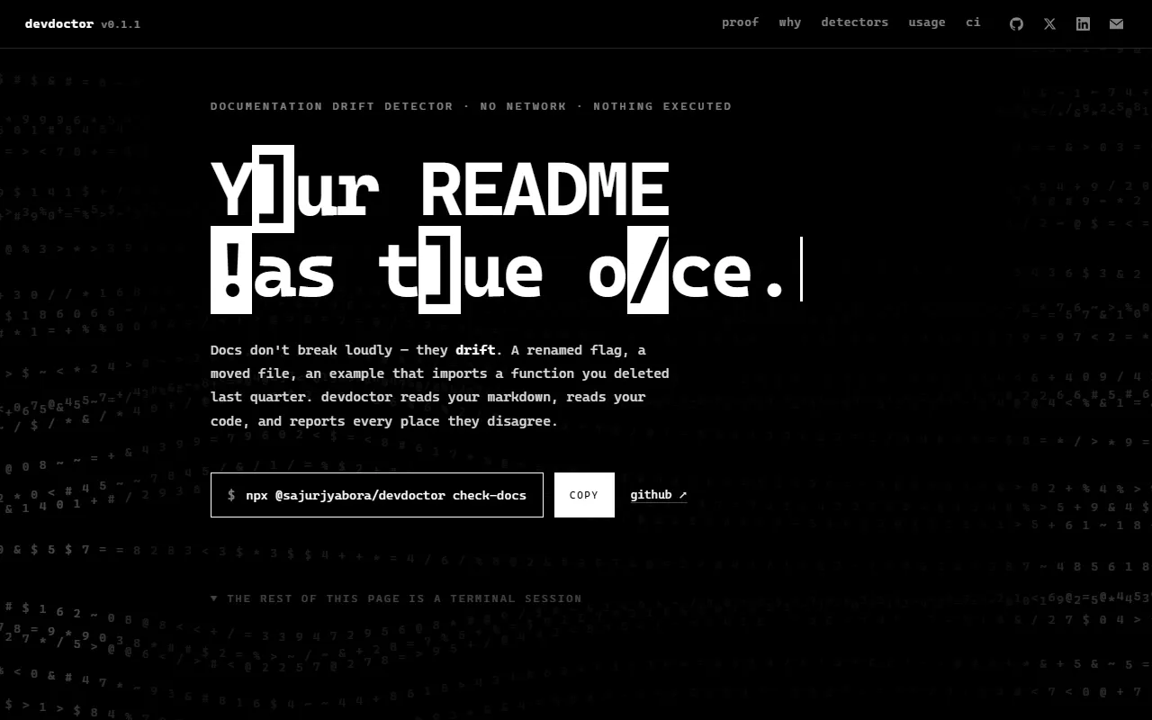 DevDoctor home page: a terminal-style headline, Your README was true once