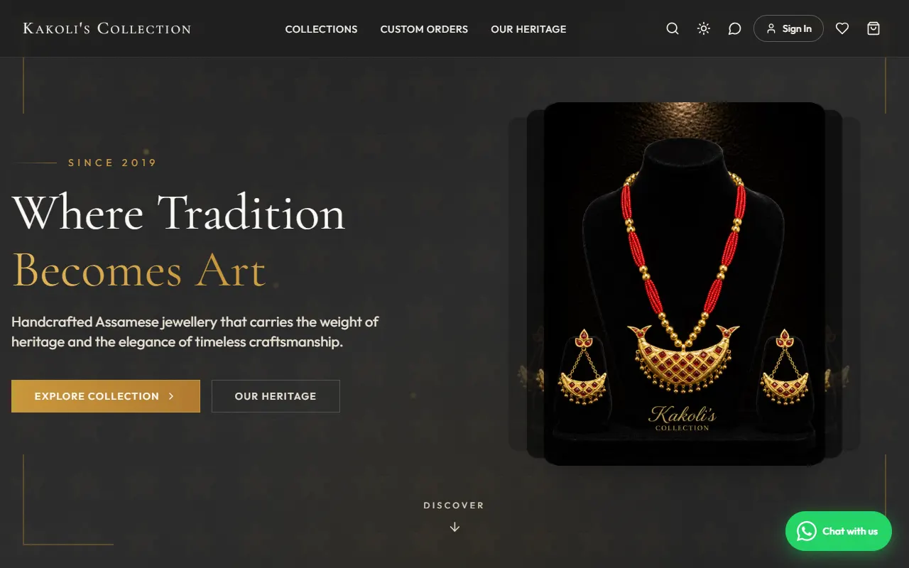 Kakoli's Collection home page: a gold Assamese necklace on black velvet beside the line Where Tradition Becomes Art