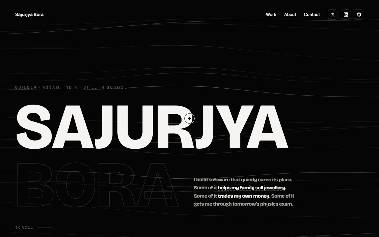 Sajurjya Bora's portfolio: the name set huge in white over drifting lines