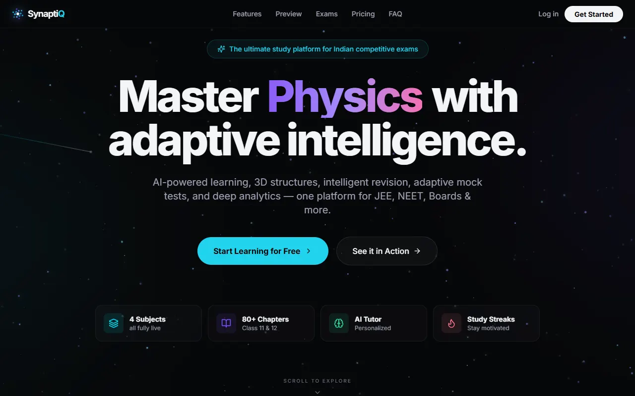 SynaptiQ home page: Master Maths with adaptive intelligence, on a starry dark background